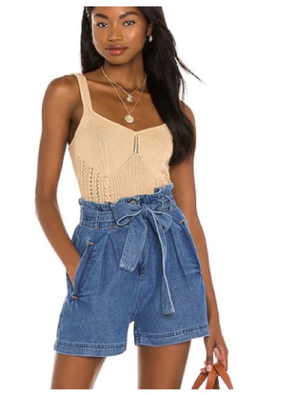 High Rise Tie-Waist Denim Shorts - Blue